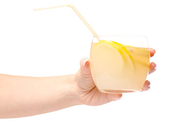 Glass of lemonade lemon female hand
