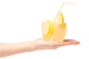 Glass of lemonade lemon female hand