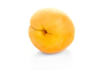 ripe juicy yellow apricot on white table