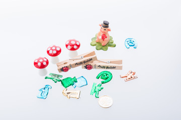 different lucky charms for new year - mojos - fly agaric - pig - chimney sweep - coin - horseshoe