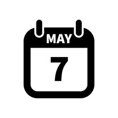 Simple black calendar icon with 7 may date isolated on white