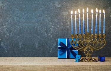 Hanukkah celebration with menorah - obrazy, fototapety, plakaty