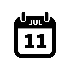 Simple black calendar icon with 11 july date isolated on white