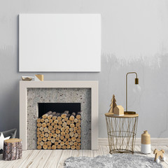 Modern Christmas interior with a decorative fireplace, Scandinavian style. 3D illustration. poster mock up