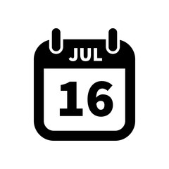 Simple black calendar icon with 16 july date isolated on white