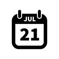 Simple black calendar icon with 21 july date isolated on white