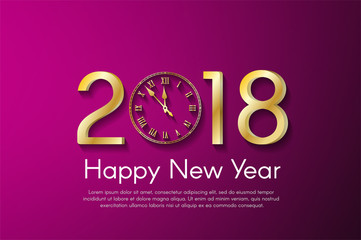 Golden New Year 2018 concept on pink background. Vector greeting card illustration with golden numbers and vintage clock