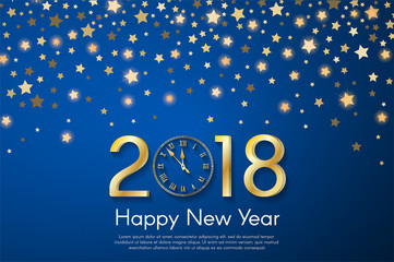 Golden New Year 2018 concept on blue blurry starfall background. Vector greeting card illustration with golden numbers and vintage clock