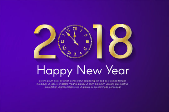 Golden New Year 2018 concept on violet background. Vector greeting card illustration with golden numbers and vintage clock