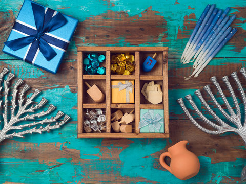 Hanukkah background with wooden box