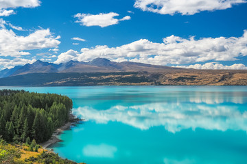 Lake Pukaki, the turquoise water comes from Mt. Cook and Tasman glacier. (South Island, NZ) - obrazy, fototapety, plakaty