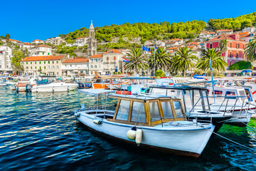 Hvar town travel resort. / Waterfront summer view at famous luxury travel resort in Europe, Hvar...