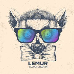 Hipster animal lemur. Hand drawing Muzzle of animal  lemur © annbozhko