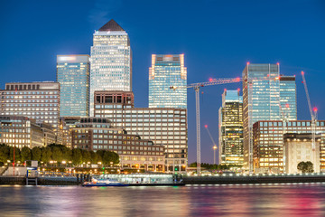 Canary Wharf skyscrapers at sunset, the financial district of the city