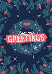 Christmas greeting card with wreath. Mid-century style. Vector illustration.