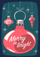 Christmas greeting card with Christmas ornaments. Mid century style. Vector illustration.