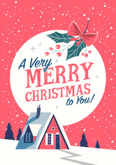 Christmas greeting card with red cabin. Mid century style. Vector illustration.