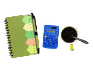 recycled paper notebook with colourful eco friendly stationery and calculator with coffee cup isolated on white, flat workspace top view