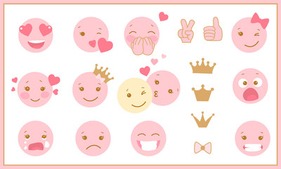 Set of cute pink and gold emotions. Different princess emotions in a flat design. Little baby girl vector.

