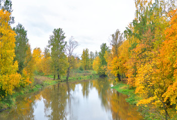 Fototapeta na wymiar View of the river Slavyanka at autumn.