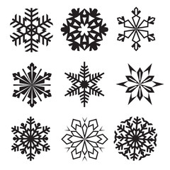 Fototapeta premium Snowflakes winter set of black isolated nine icons silhouettes on white background