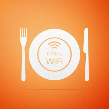 Restaurant Free Wi-Fi zone. Plate, fork and knife icon isolated on orange background. Flat design. Vector Illustration