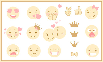 Set of cute pastel emoticons. Pictures for baby shower or birthday party. 