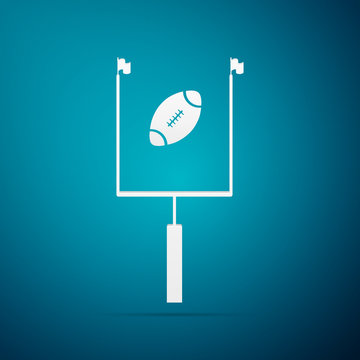 American football with goal post icon isolated on blue background. Flat design. Vector Illustration