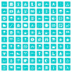100 mountaineering icons set grunge blue