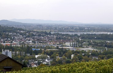 view from the Schutterlindenberg towards the city of Lahr with Mietersheim  and the  Rhine valley  in the background, Baden Germany