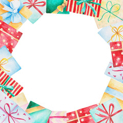 Obraz premium Watercolor Christmas frame with gift boxes. Isolated Illustration for design, print or background