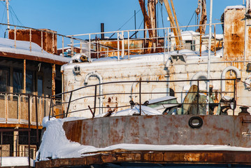 Rusty abandoned river ships