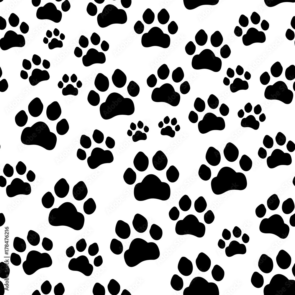 Poster paw print seamless. traces of cat textile pattern. cat footprint seamless pattern. vector seamless