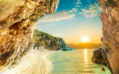 Foto op Canvas Beautiful sunrise reflected in the Ionian sea and the beach in Corfu, in the summertime, Europe © cristianbalate
