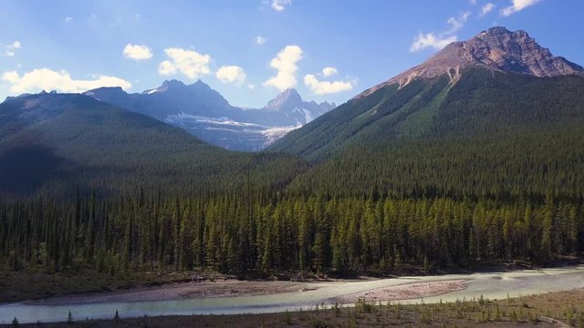 Aerial shot of remote valley in Canada, Rocky mountains and glacier