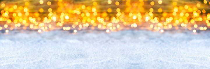 wide panorama christmas xmas snow bokeh background with many lights with copy space / Weihnachten...