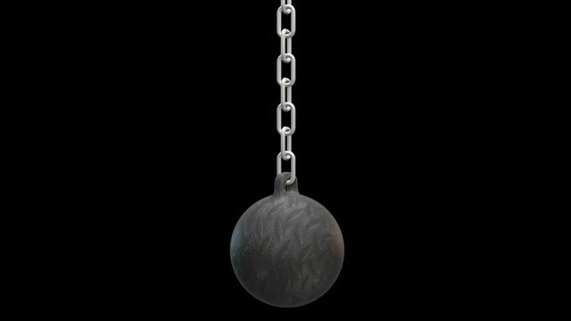 Wrecking ball. Demolition sphere hanging on chains. 3d render video available in 4K FullHD and HD render footage on black
