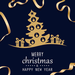 Golden christmas tree gifts background. Merry Christmas happy new year. Christmas tree. Creative Christmas tree. Merry Christmas greeting card.