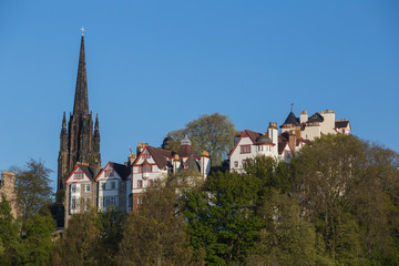 Building of Ramsay Gardens with the gothic spire of The Hub in Edinburgh, Scotland