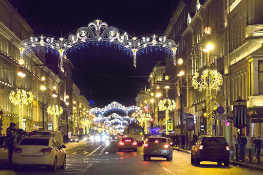 Nevsky Avenue in Christmas decoration . St. Petersburg. Russia..