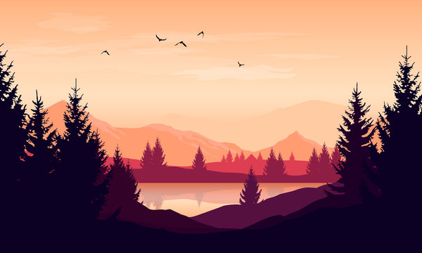 Vector cartoon sunset landscape with orange sky, silhouettes of mountains, hills and trees and lake