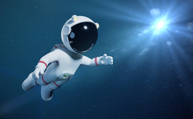 white cartoon astronaut character in white space suit is weightless is space