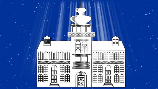 Old fairy-tale castle in blizzard, a dark blue background with light rays, animation used a monochrome line drawing. Christmas or winter decoration