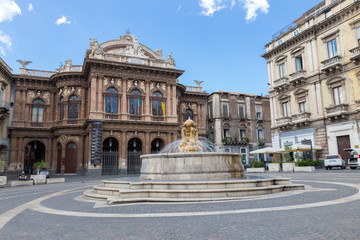 CATANIA, ITALY - October 7, 2017: Theater and fountain on Piazza Vincenzo Bellini in Catania,...