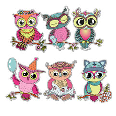 Six cute colorful cartoon owls