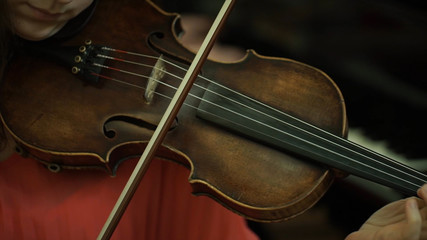 Naklejka premium Girl's hand on the strings of a violin. Girl's hand on the fingerboard violin.