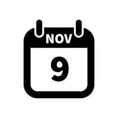 Simple black calendar icon with 9 november date isolated on white
