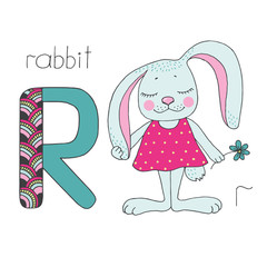 Cute rabbit with closed eyes in pink dress