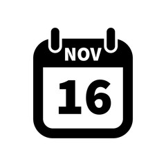 Simple black calendar icon with 16 november date isolated on white