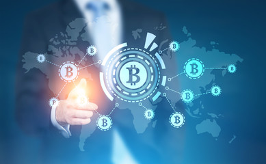Glowing finger businessman, bitcoin network